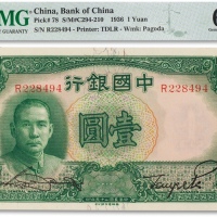  民国二十五年（1936年）中国银行德纳罗版壹圆一枚