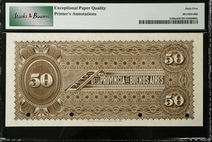  1885年阿根廷布宜诺斯艾利斯银行50比索 PMG 65 EPQ Banco de La Provincia De Buenos Aires. 50 Pesos