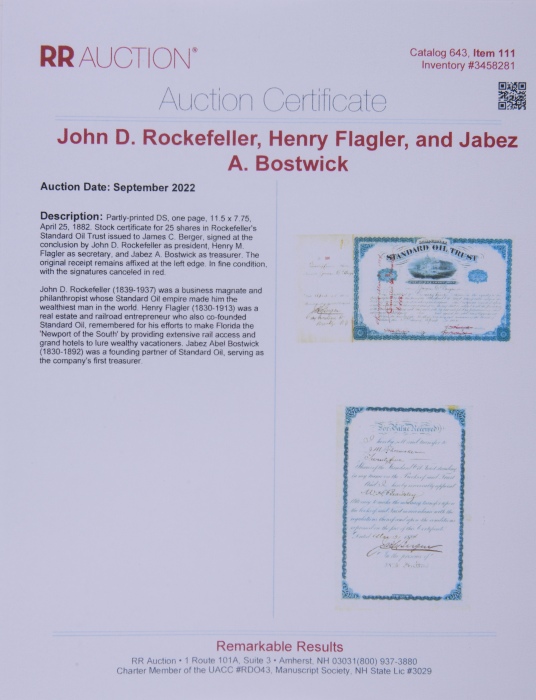 标准石油公司创始人约翰·洛克菲勒、亨利·弗拉格勒、雅比斯·博斯特维克 亲笔签名股票 标准石油公司创始人约翰·洛克菲勒、亨利·弗拉格勒、雅比斯·博斯特维克 亲笔签名股票