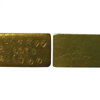 中央造币厂铸厂徽布图一两厂条1枚，编号：BJ16277，成色：991金，重量：1.000市两 上美品