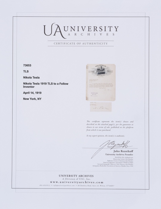  传奇发明家特斯拉 亲笔签名信函，罕见
