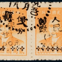  ○ 武都加盖“人民邮政（甘）”改值邮票300元/5分/2000元横双连