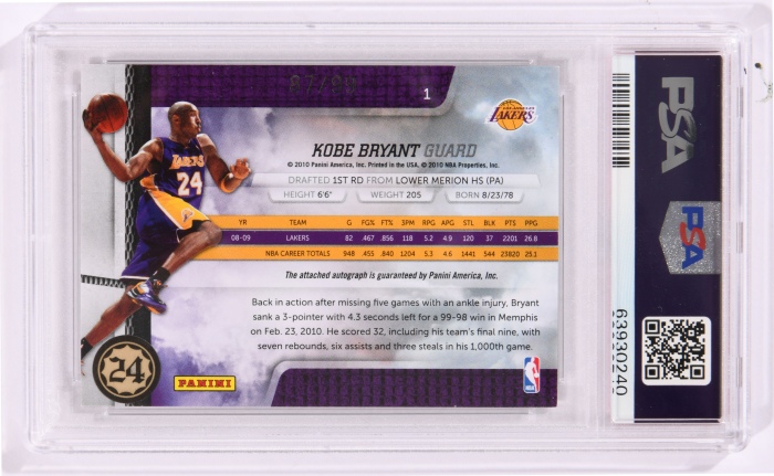  2009年 Panini ABS系列 科比签名球星卡 限量99张 PSA评级9分