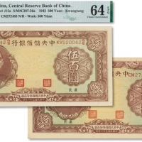  民国三十一年（1942年）中央储备银行伍百圆两枚