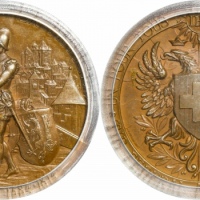  1887年瑞士射击节高浮雕铜样章。PCGS SP64