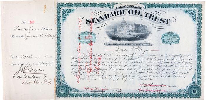 标准石油公司创始人约翰·洛克菲勒、亨利·弗拉格勒、雅比斯·博斯特维克 亲笔签名股票 标准石油公司创始人约翰·洛克菲勒、亨利·弗拉格勒、雅比斯·博斯特维克 亲笔签名股票