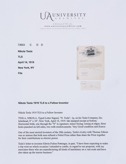  传奇发明家特斯拉 亲笔签名信函，罕见