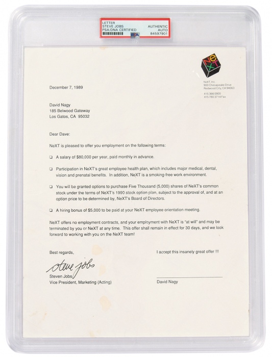  乔布斯亲笔签名信函 PSA