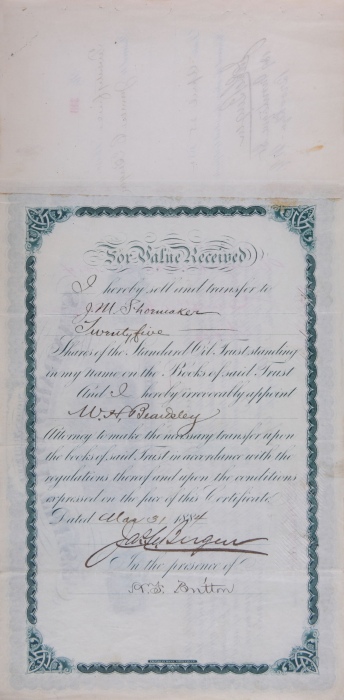 标准石油公司创始人约翰·洛克菲勒、亨利·弗拉格勒、雅比斯·博斯特维克 亲笔签名股票 标准石油公司创始人约翰·洛克菲勒、亨利·弗拉格勒、雅比斯·博斯特维克 亲笔签名股票