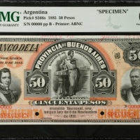  1885年阿根廷布宜诺斯艾利斯银行50比索 PMG 65 EPQ Banco de La Provincia De Buenos Aires. 50 Pesos