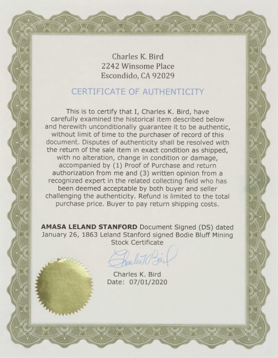  利兰·斯坦福 亲笔签名股票