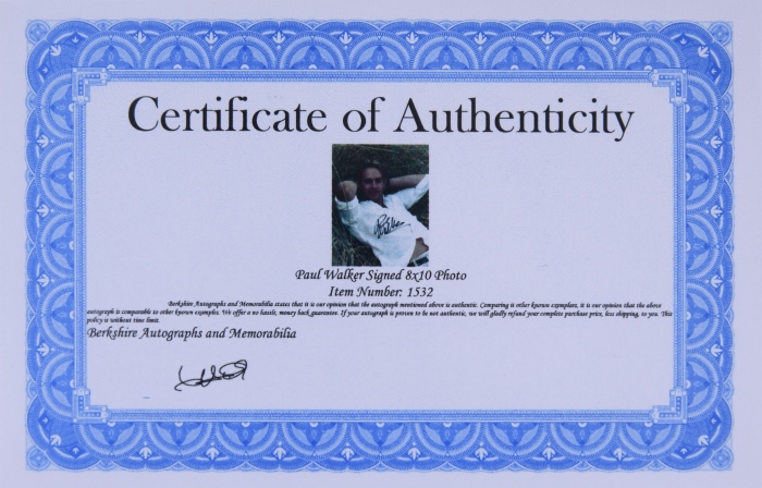  美国演员保罗·沃克 亲笔签名照片