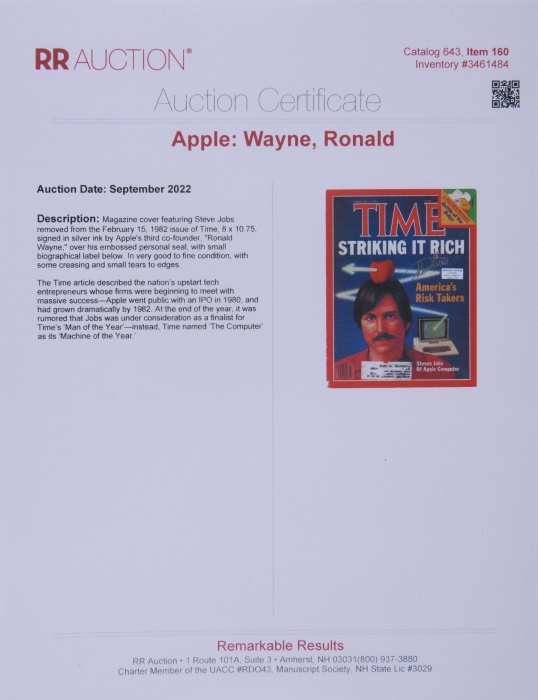  苹果公司三位联合创始人之一罗恩·韦恩 亲笔签名《时代周刊》杂志封面
