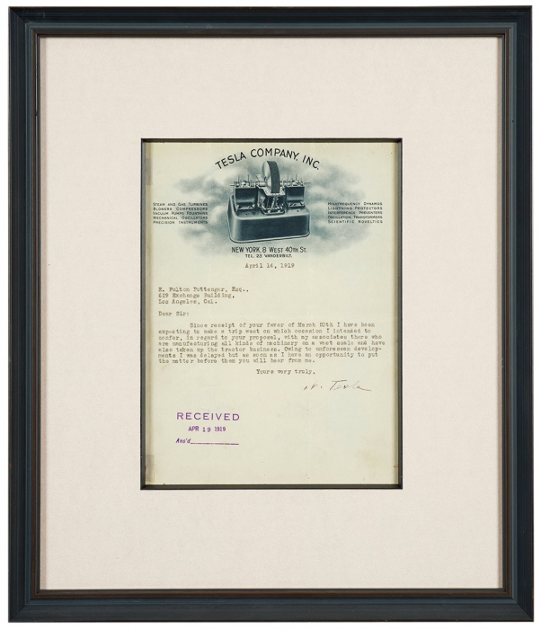  传奇发明家特斯拉 亲笔签名信函，罕见