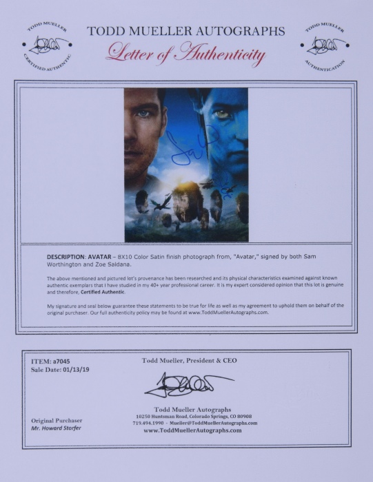  第36届土星奖最佳女主角奖佐伊·索尔达娜亲笔签名《阿凡达》海报