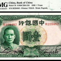  民国二十五年（1936年）中国银行壹圆德纳罗PMG66e