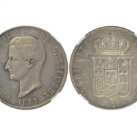  1859年义大利西西里王国统一纪念银币120格拉纳，NGC AU DETAILS，反面损伤，Frank Rose 藏品