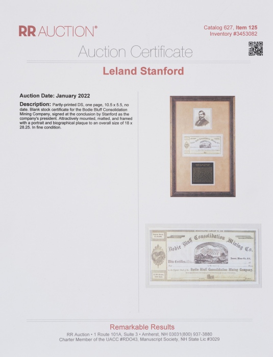  利兰·斯坦福 亲笔签名股票