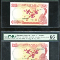  1973年新加坡10元3枚连号，编号 B/83 119271/2/3，兰花系列，PMG 66EPQ