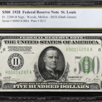  1928年美联储票据500美元 PCGS BG MS 64 1928 Dark Green Seal $500 Federal Reserve Note