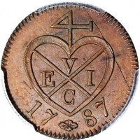  1787年马来亚苏门答腊1柯坪铜币，PCGS MS63BN，均匀巧克力色包浆
