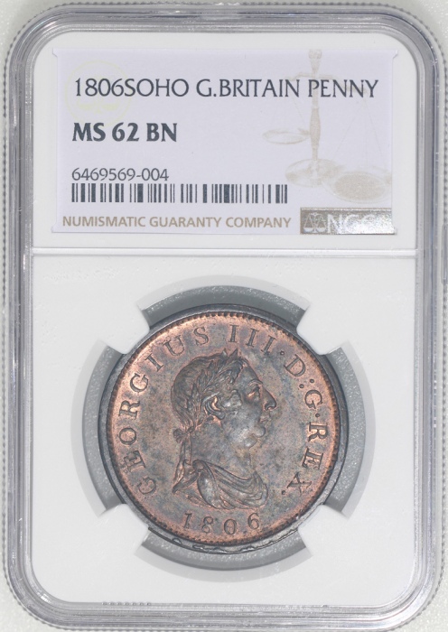  1806年英国1便士铜币，NGC MS62BN