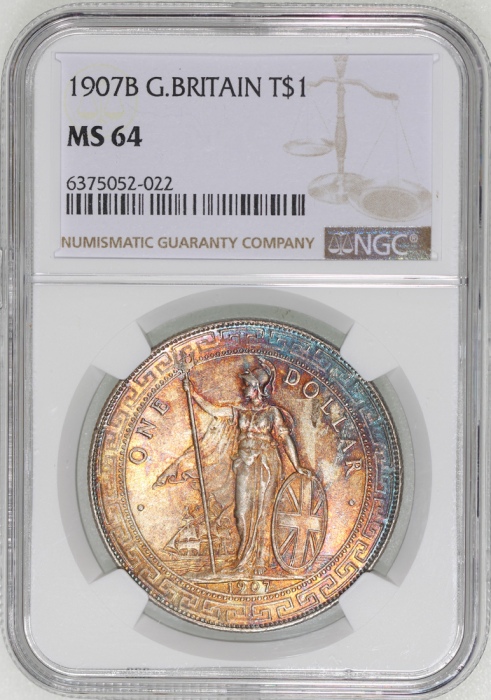  1907-B英国贸易银元，右边边缘带蓝光包浆，NGC MS64，#6375052-022