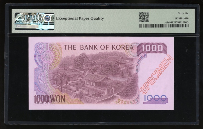  1983年南韩1000圈样票，编号 AAA0000000，PMG 66EPQ，罕见样票