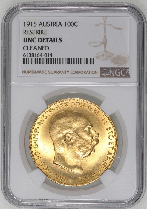  1915年奥地利100克朗金币，后铸版，NGC UNC Details