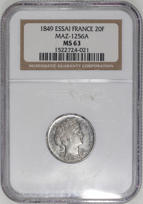  1849年法国20法郎，NGC MS63