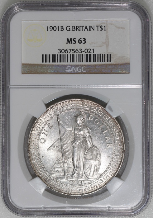  1901-B英国贸易银元，带柔和包浆，NGC MS63，#3067563-021