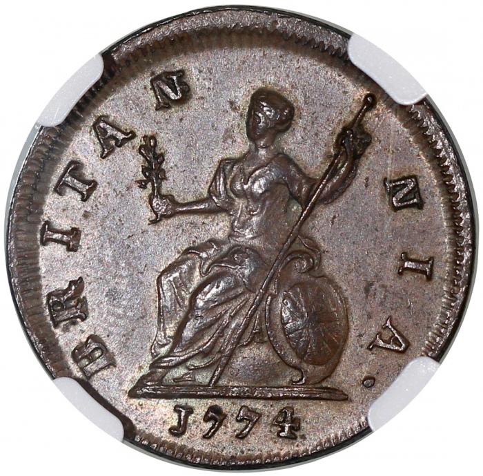  1774年英国1/4便士铜币，NGC MS63BN