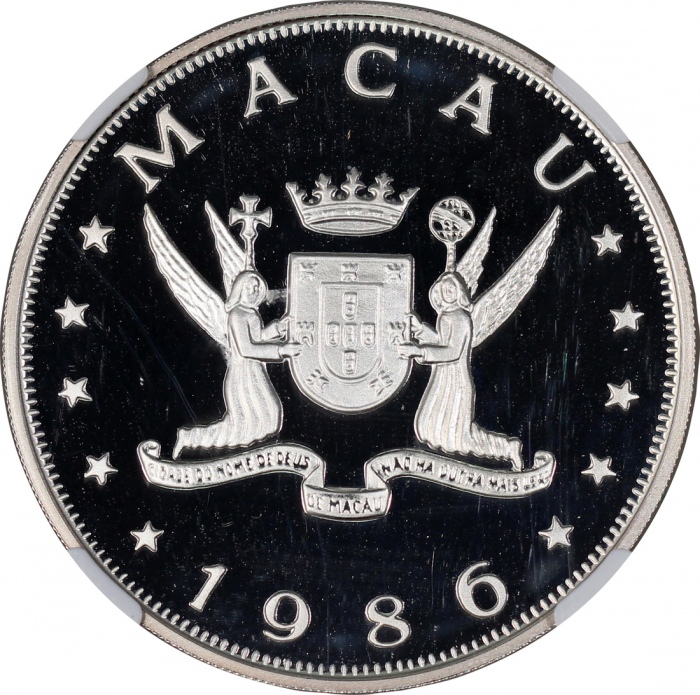  1986年澳门十二生肖虎年$100纪念精铸银币，NGC PF69 Ultra Cameo，#623855-005