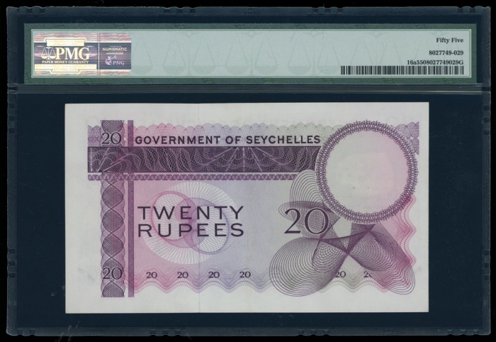  1968年塞舌尔20卢比，编号 A/1 115027，PMG 55