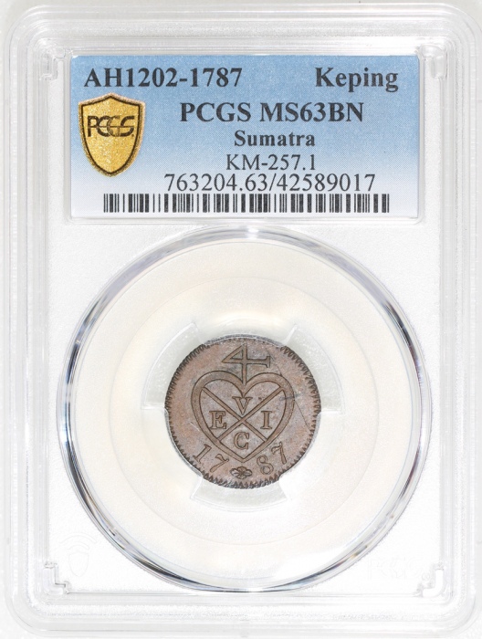  1787年马来亚苏门答腊1柯坪铜币，PCGS MS63BN，均匀巧克力色包浆