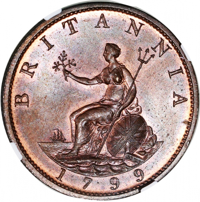  1799年英国1/2便士铜币，NGC MS64BN