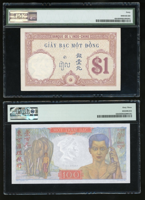  法属安南纸币2枚，1及100元，以及1942年法国100法郎，PMG 40，64，64