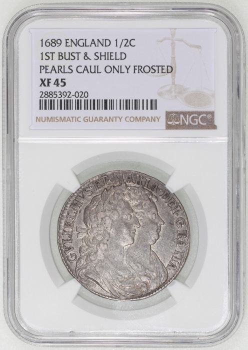  1689年英国1/2克朗银币，NGC XF45