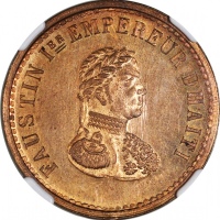  1855年海地10分铜样币, 老彩包浆，NGC PF64RD