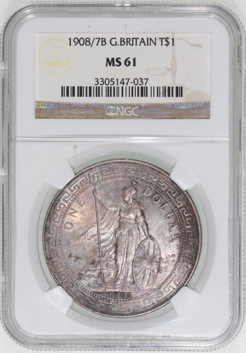  1908/7-B骑字版英国贸易银元，NGC MS61，#3305147-037，稀有