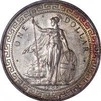  1902-B英国贸易银元，正反两面边沿带包浆，PCGS MS63，#43811283