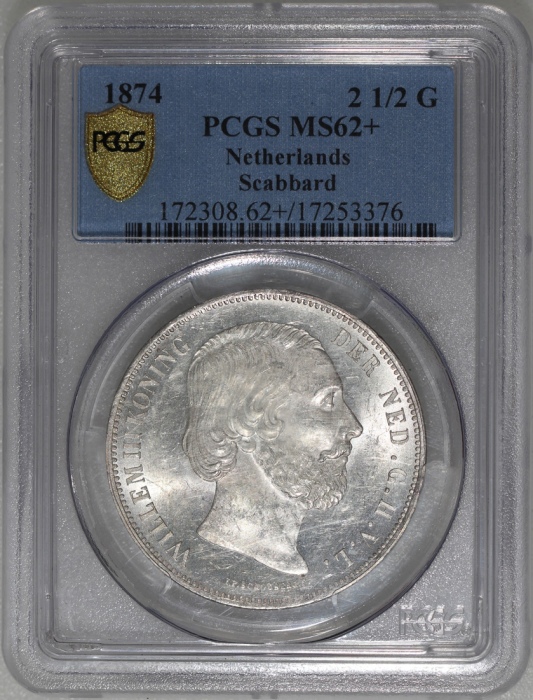  1874年荷兰2 1/2盾，PCGS MS62+