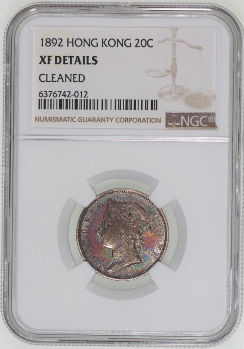  1892年香港二毫，有包浆，NGC XF Details有清洗，#6376742-012