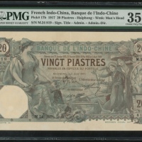  1917年法属安南20元，海防，编号 M.24 819，PMG 35，精美大型纸币，少见好品相，PMG仅有一枚获更高评分