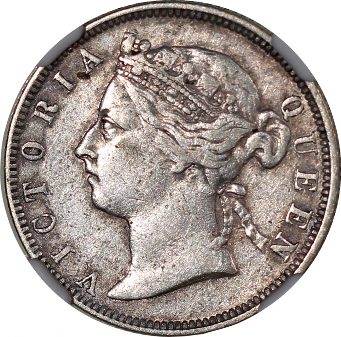  香港钱币一组4枚，包括1863年1仙，1883及89年2毫，1904年1毫，分别评NGC MS63BN, AU Details, XF Details 及MS65，#6651294-004, #665