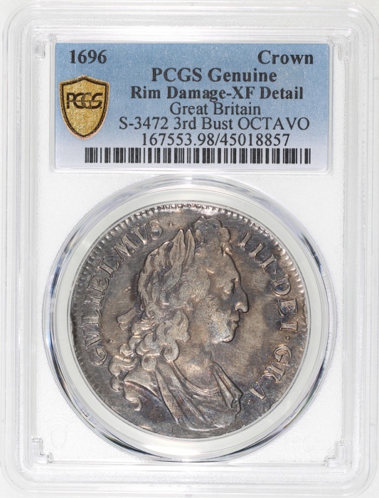  1696年英国1克朗银币 (5先令)，PCGS XF Detail (币边有损)
