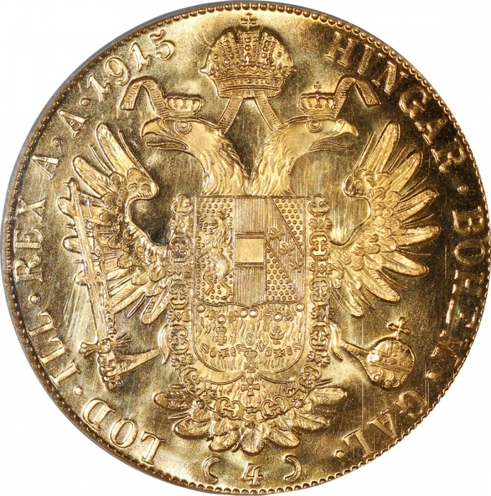  1915年奥地利4达克特金币，后铸版, 含金量0.4427安士, PCGS MS68