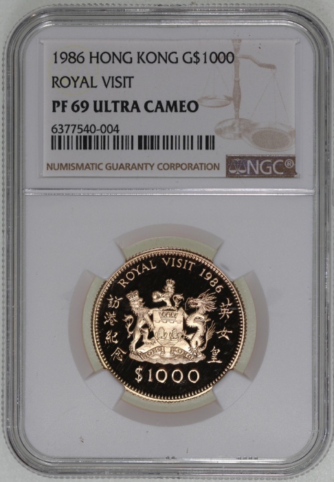  1986年英女皇访港$1000纪念精铸金币，NGC PF69 Ultra Cameo，#6377540-004，连盒及小册子，限量发行12,000枚