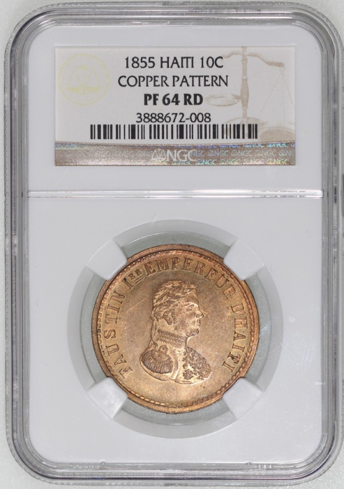  1855年海地10分铜样币, 老彩包浆，NGC PF64RD