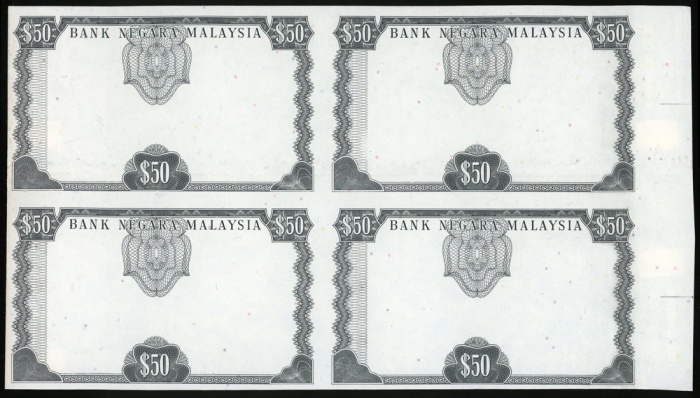  1967-72年马来西亚50令吉4四连体正面背面步试样张3枚，轻微有黄 UNC